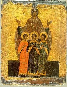 Russian icon depicting Sophia, the Holy Wisdom I am guessing the 3 women are her daughters: Faith, Hope, and "Love"